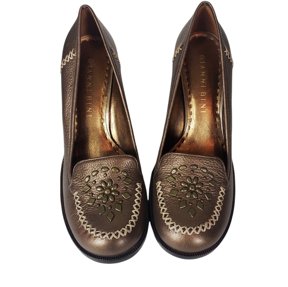 Gianni Bini Bronze Round Toe Block Heels Sz 8.5 Floral Contrast Stitch Workwear - Picture 2 of 12